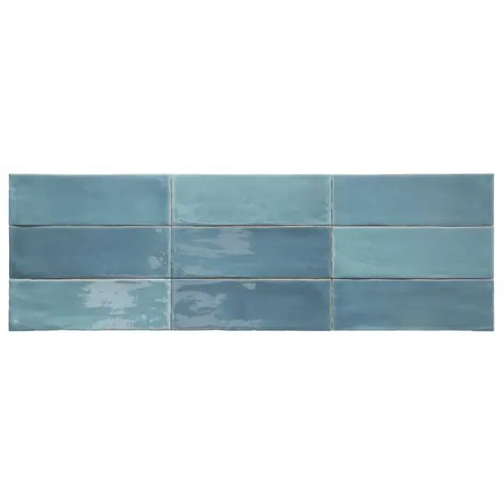 Ceramic subway tiles in gradient blue with glossy finish, TopTegels Beach Blauw 7.5x23 cm