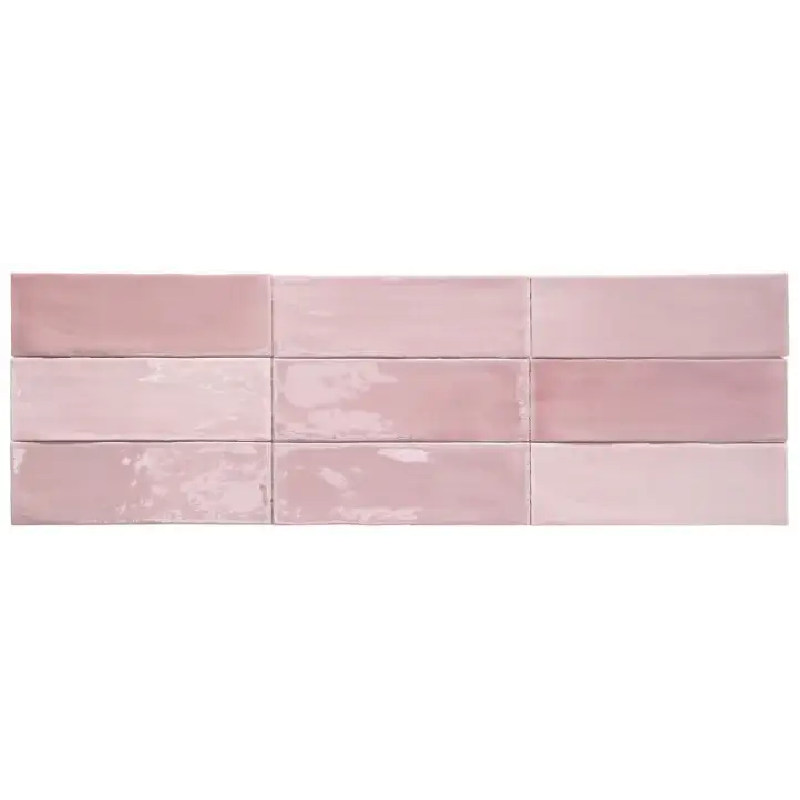 Pink glossy ceramic subway tile with metallic accents, TopTegels Beach Roze 7.5x23 cm