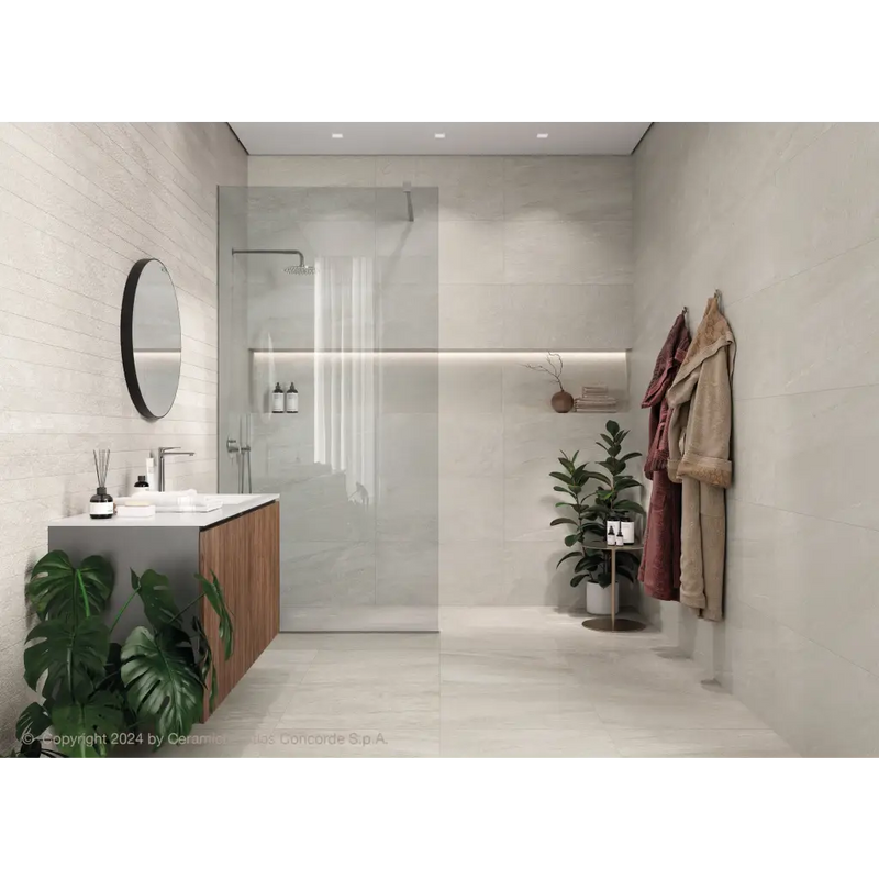 Moderne minimalistische badkamer met Ultrablock White 60x60 en houten wastafel