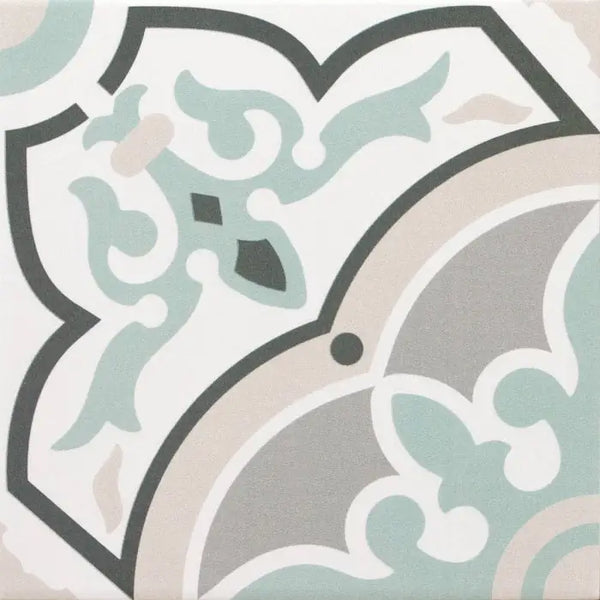 Decorative tile in mint green, gray, and white floral design from Urban Decor Alba 20x20