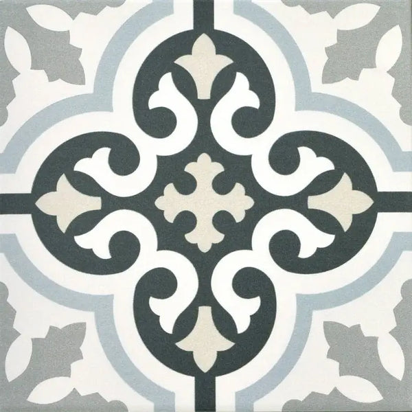 Ornate Urban Decor Calipso 20x20 tile with symmetrical floral and scroll design