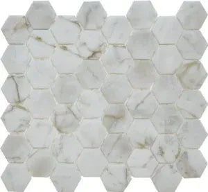 Val10M Bianco Marble print matt met witte hexagonale marmeren mozaïek tegels met grijze en gouden aders