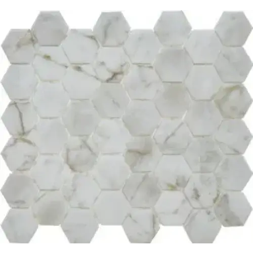 Val10M Bianco Marble print matt met witte hexagonale marmeren mozaïek tegels met grijze en gouden aders