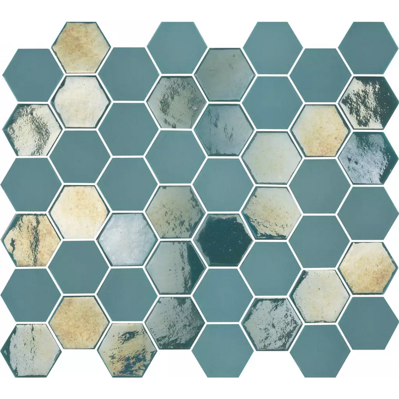 Hexagonale mozaiektegel in teal, crème en metallic voor VAL125 Turquoise Matt Glossy