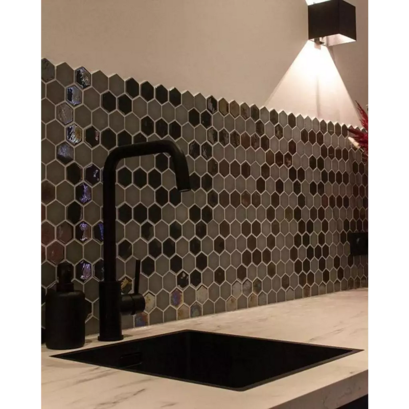 Matte black faucet with hexagonal tiles, perfect for Khaki Matt Glossy vibes