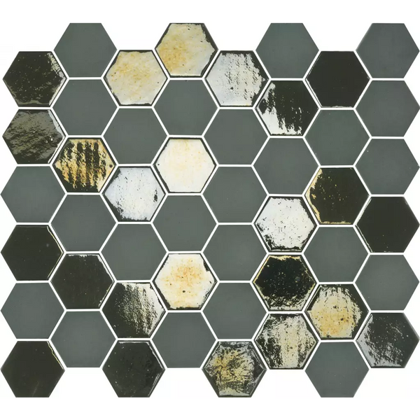 Hexagonale mozaïektegel in grijstinten met verouderde metallic accenten VAL182 Khaki Matt Glossy