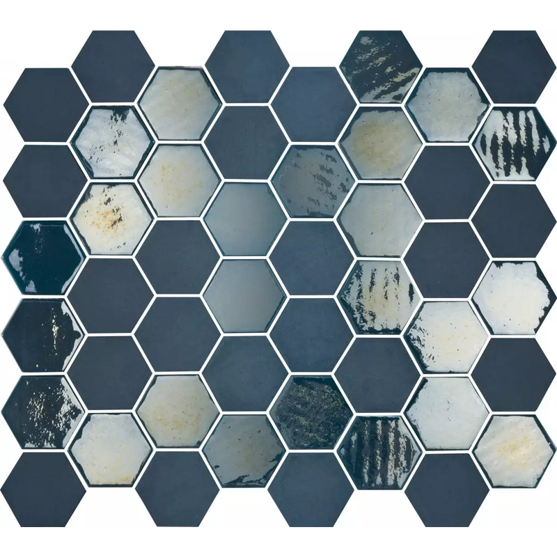 Hexagonale vloertegels in navy blauw, grijs en wit met distressed textuur, VAL650 Blue Matt Glossy