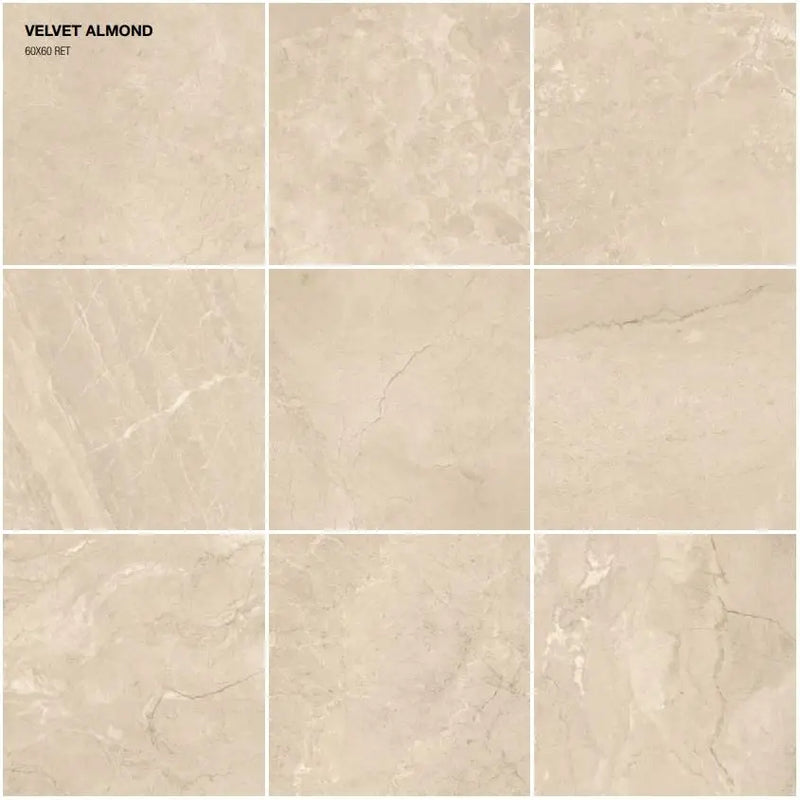 Negen beige marmeren tegels met subtiele aders in een gridpatroon van Velvet Almond 60x60