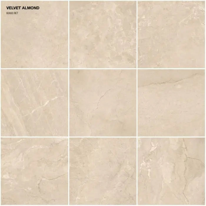 Negen beige marmerstructuur tegels in een 3x3 grid, Velvet Almond 60x60 Rett