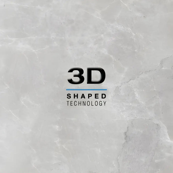 Eenvoudige zwarte 3D SHAPED TECHNOLOGY logo met blauwe onderlijn op marmerachtige ondergrond