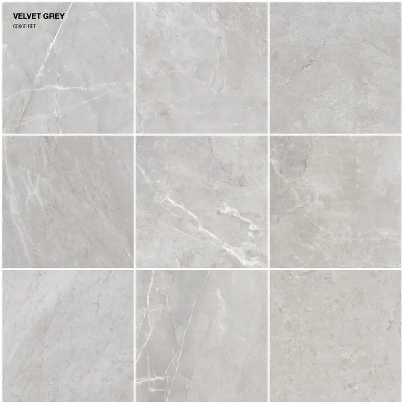 Grey marble tiles with white veining patterns from Velvet Grey 60x60 rett