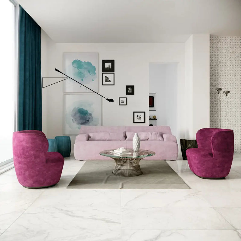 Moderne woonkamer met een roze sofa en magenta fluwelen stoelen, Velvet White 60x120