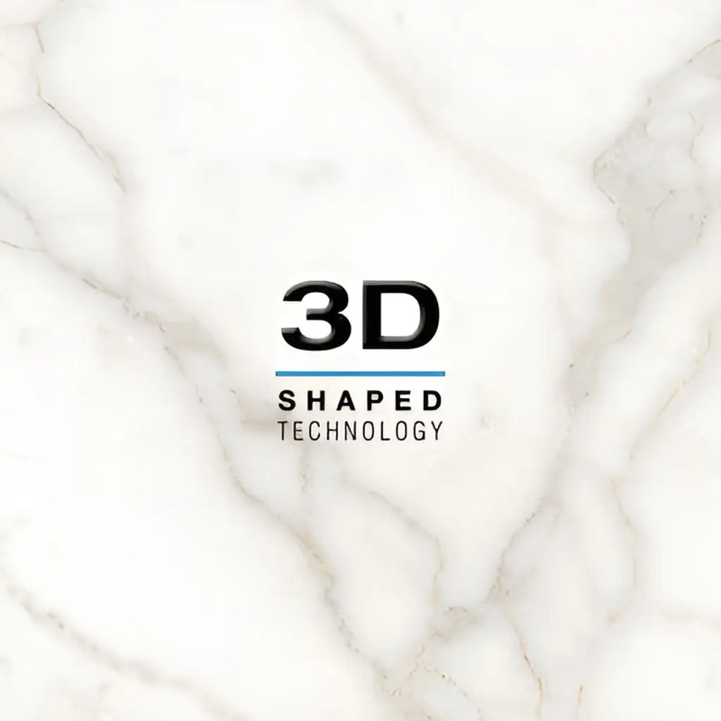 Eenvoudig zwart tekstlogo 3D SHAPED TECHNOLOGY met blauwe onderstreping en Velvet White 60x60