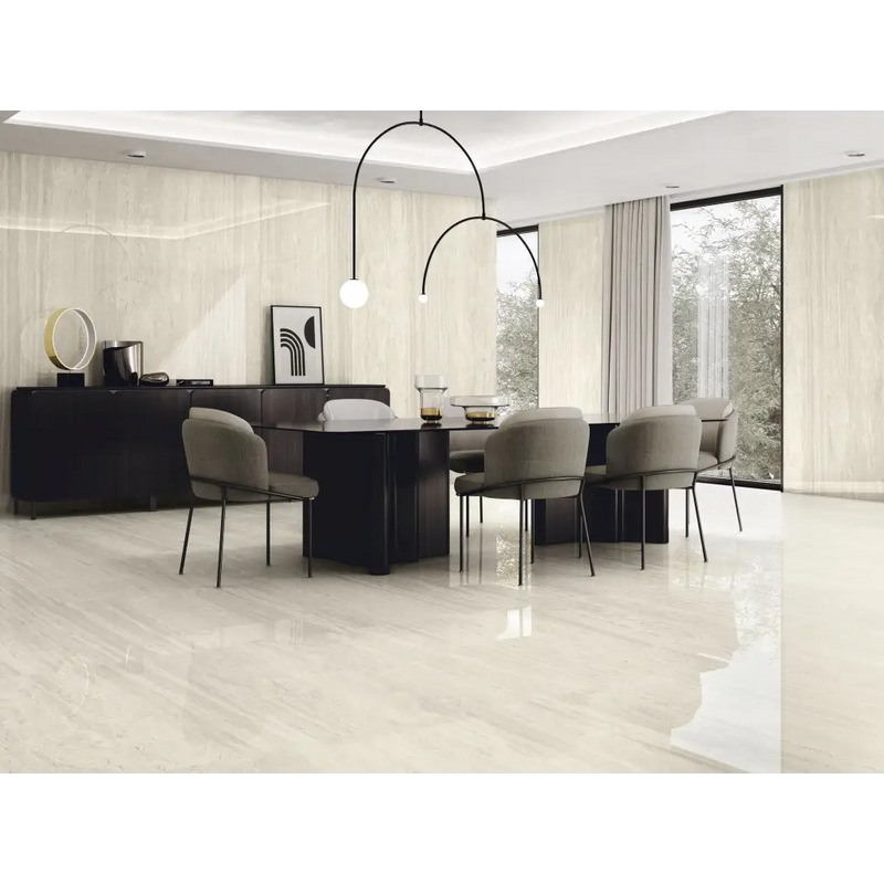 Moderne eetkamer met Venice Beige gepolijst 120x260 rett tafel