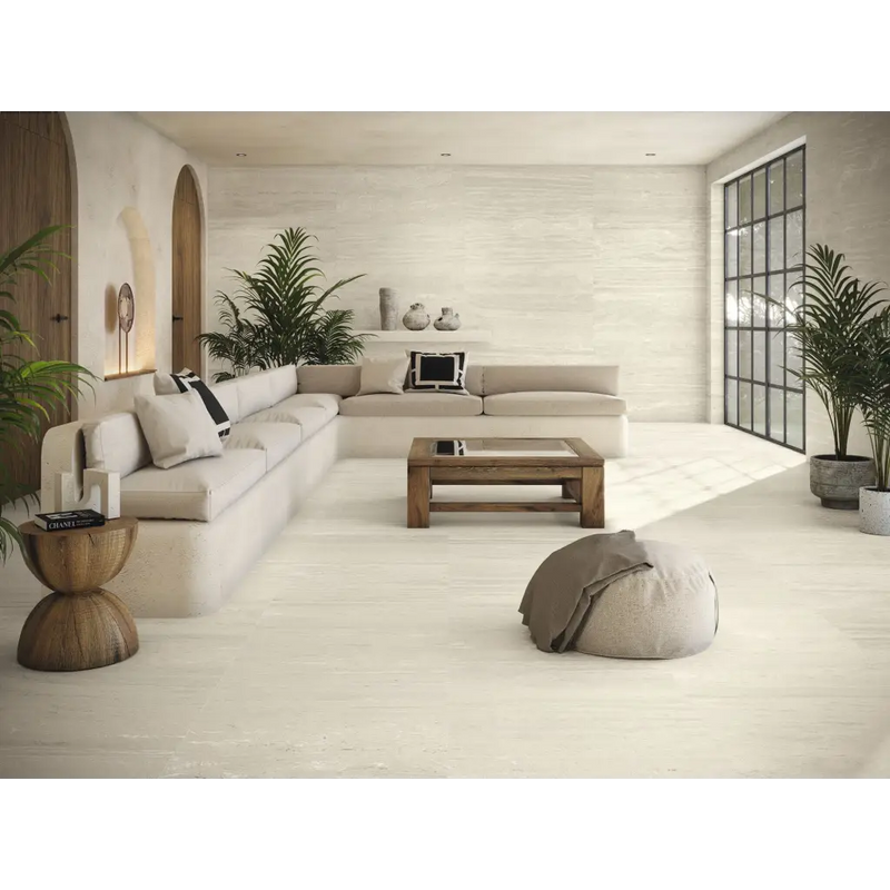 Crèmekleurige modulaire bank met dikke kussens, Venice Beige mat 60x60 rett