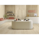 Curved white counter with coffee gear and plants on Venice Miele mat 60x60 rett