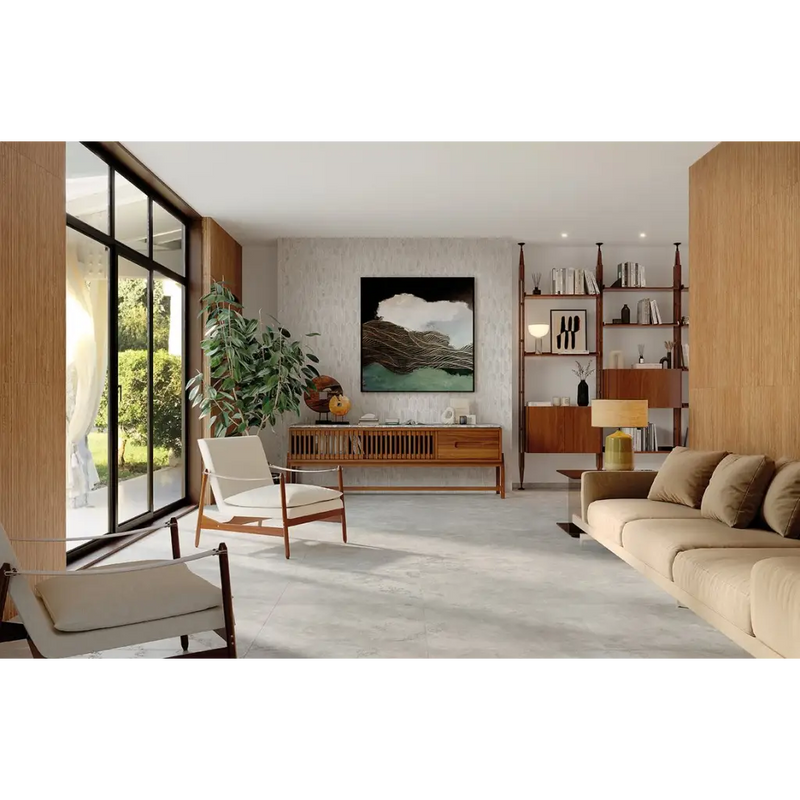 Mid-century modern living room with Vento Del Sud Grigio 60x60 rett tile and wood accents