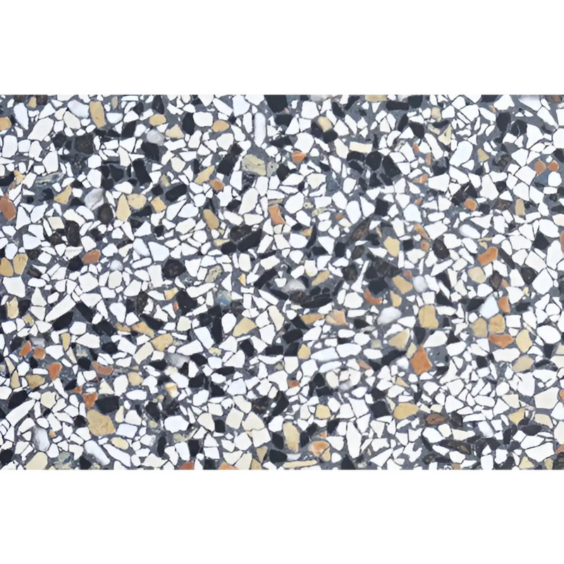 Terrazzo vloerpatroon met Verona Stone, zwart, wit en tan steentjes, totale oppervlakte