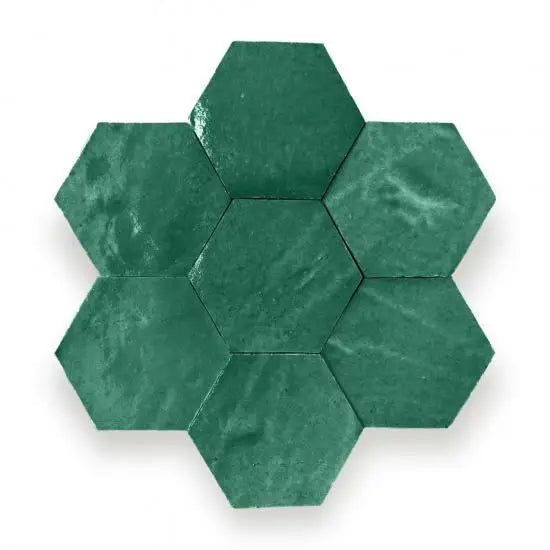 Groene hexagonale Zelliges Alhambra tegel coasters met marmertextuur en glans