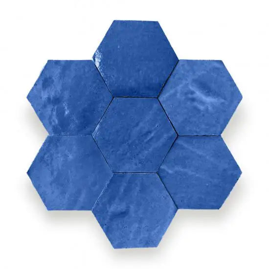 Zelliges Alhambra Hexagone 16 Bleu Hollandaise blauwe hexagonen coasters met marmertextuur