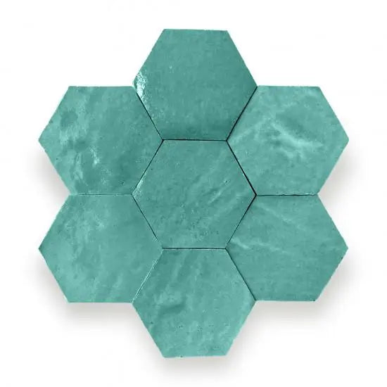 Teal Zelliges Alhambra Hexagone hexagonale mozaïek coasters met marmertextuur