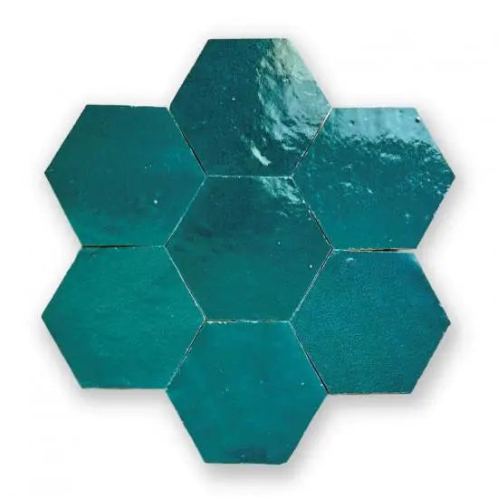 Zelliges Alhambra Hexagone 19 Petrol teal hex mosaïektegels met glans en steenstructuur