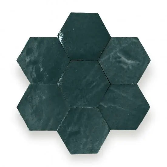 Zelliges Alhambra Alhambra Hexagone 45 Vert Fonce coaster set in dark green hex mosaics