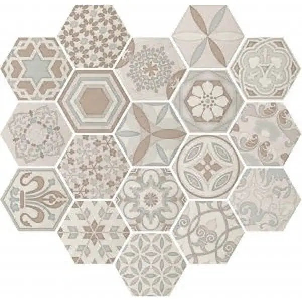 Hexagonale tegels met vintage patronen in neutrale beige en grijs voor Vodevil Decor Ivory