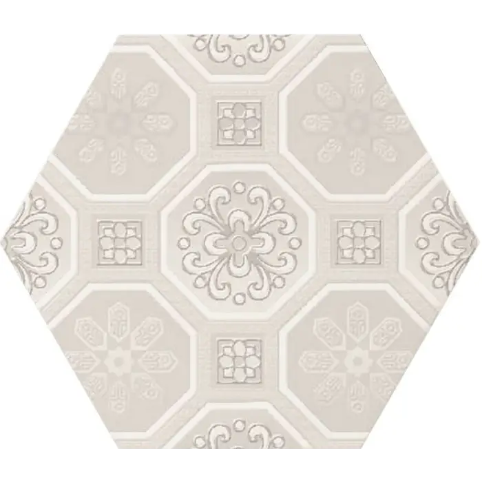 Hexagonale keramische tegel met bloemen- en geometrische patronen in Vodevil Decor Ivory