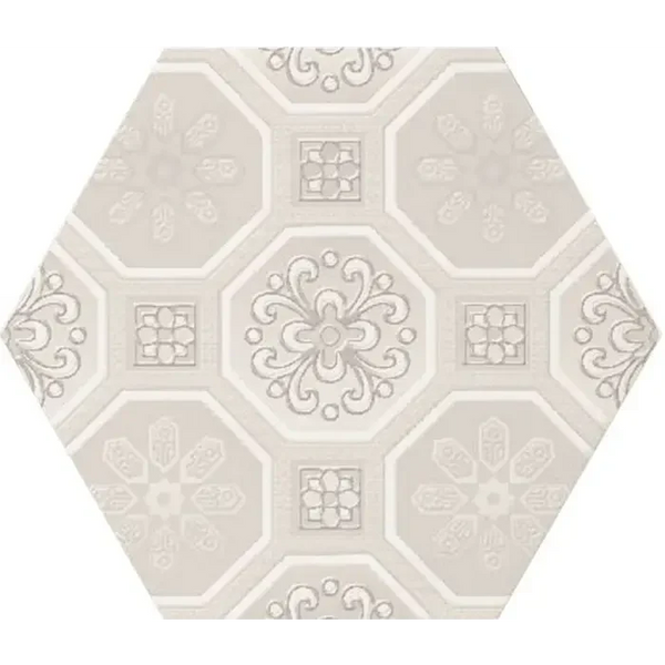 Hexagonale keramische tegel met bloem- en geometrische patronen in Vodevil Decor Ivory