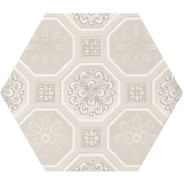 Hexagonale keramische tegel met bloem- en geometrische patronen in Vodevil Decor Ivory