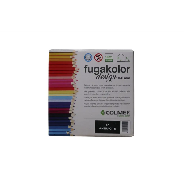 Fugakolor verpakking met kleurrijke potloodgraphics voor Voegmortel Colmef Flexibel Antraciet