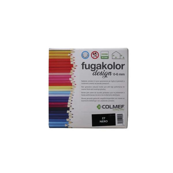 Kleurrijke Fugakolor voegmortel Colmef Flexibel Nero Nr. 27 verpakking met potloodpatroon