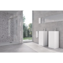 Twee slanke witte pedestal wastafels met chrome kranen voor wandtegel neutra decor white 30x90 rett badkamer