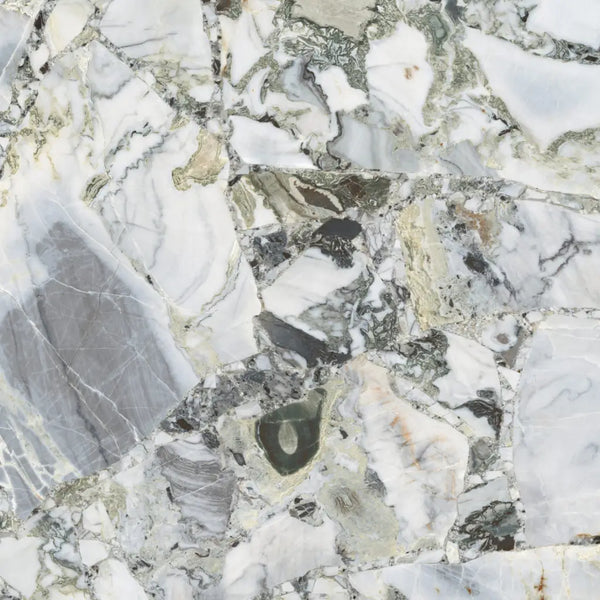 Polished marble slab in swirls of white, grey, and beige van Beauty Gepolijst 120x120