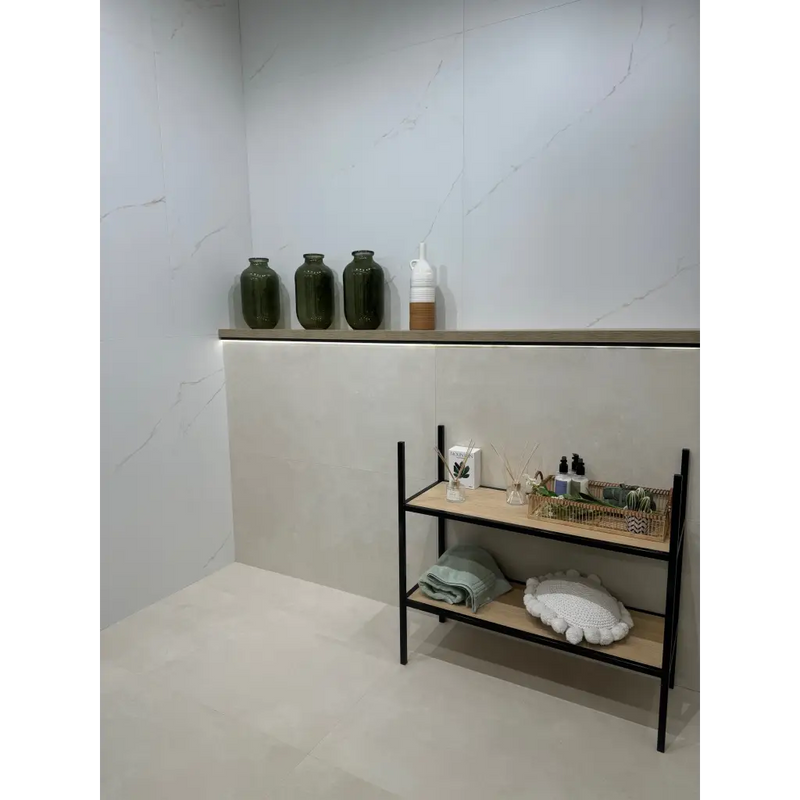 Wonder Mud keramische tegel moderne betonlook tweelaags houten plank met zwart metalen frame