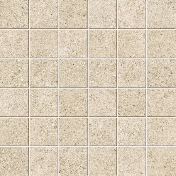 Beige ceramic tiles in een vierkant patroon, Yacht Sand mozaïek 5x5 op net van 30x30