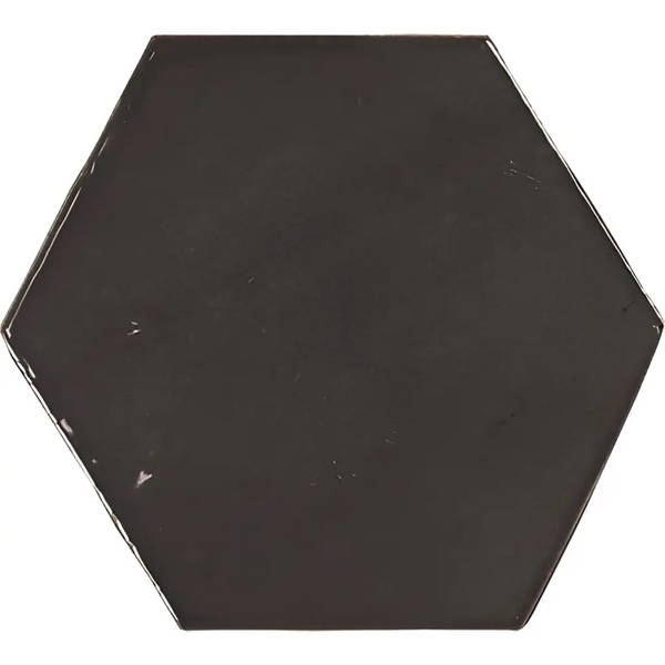 Zellige Hexa Graphite 10,8x12,4 met glanzend zwart hexagonaal tegeltje