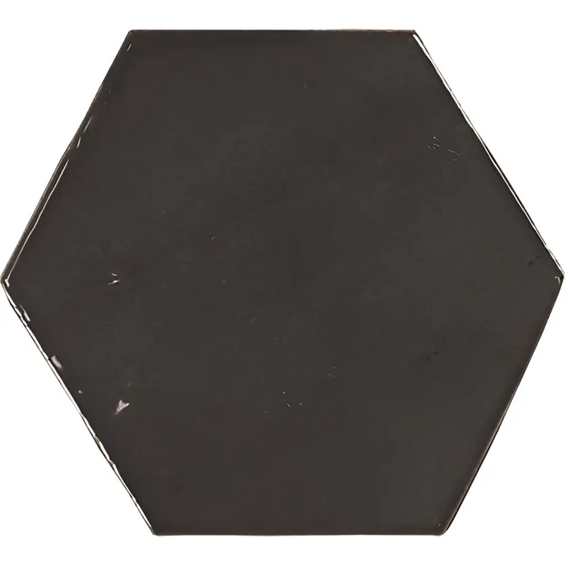 Zellige Hexa Graphite 10,8x12,4 met glanzend zwart hexagonaal tegeltje