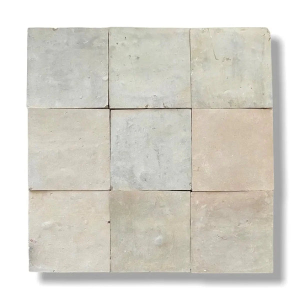 Negen tegels in een 3x3 raster met off-white en beige, Zelliges Alhambra, Fez Unglazed 10x10