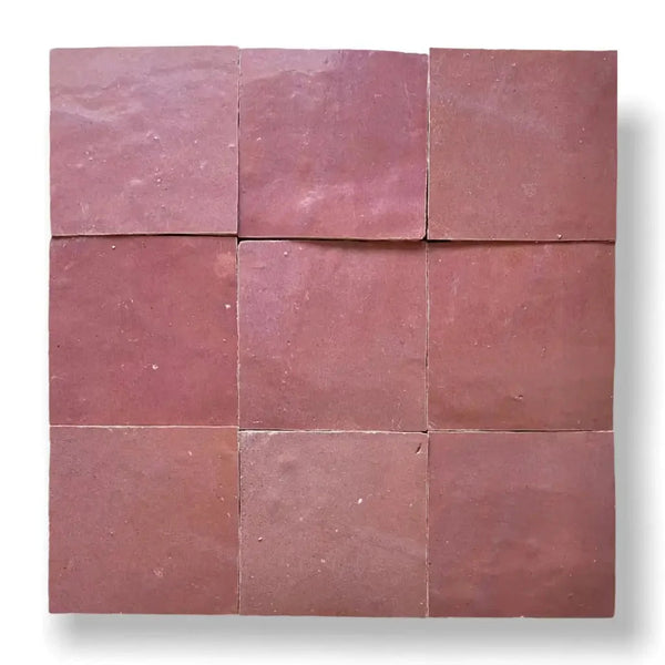 Negen roze keramische tegels in vierkant patroon van Zelliges Alhambra Vieux Rose 10x10