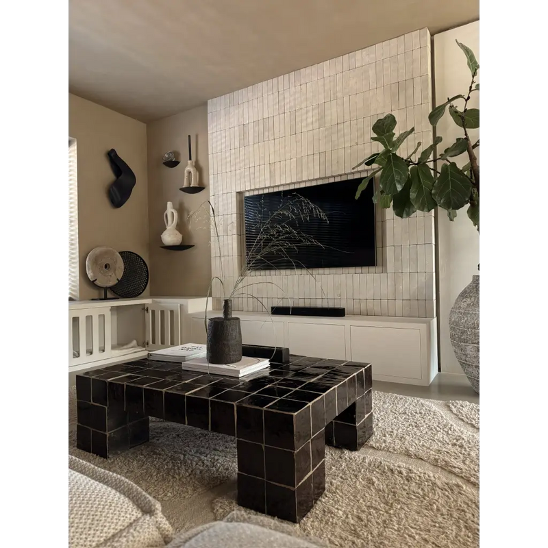 Zelliges Alhambra 34 Chocolat zwart mozaïek salontafel met glanzende geometrische afwerking