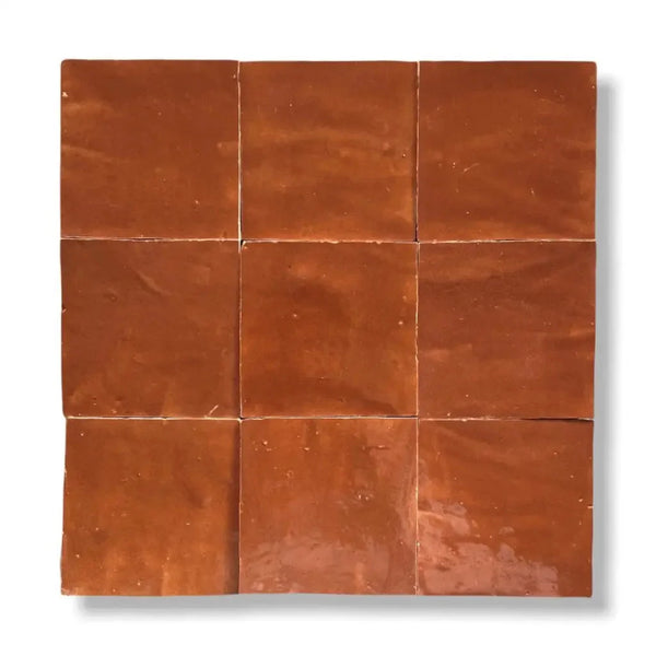 Nine terracotta tiles in een vierkant patroon van Zelliges Alhambra 47 Bronze 10x10 cm