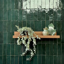 Minimalistische houten plank met Zelliges Alhambra Bejmat 45 Vert Fonce, eucalyptus en vaas